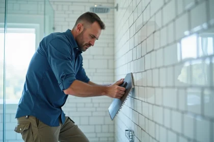 Carreleur posant des carreaux blancs dans une salle de bain