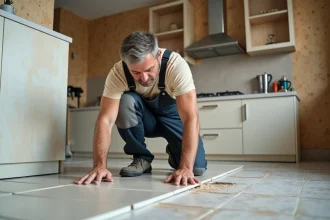 Ouvrier carreleur posant une grande tuile dans une cuisine en rénovation