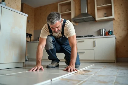 Ouvrier carreleur posant une grande tuile dans une cuisine en rénovation