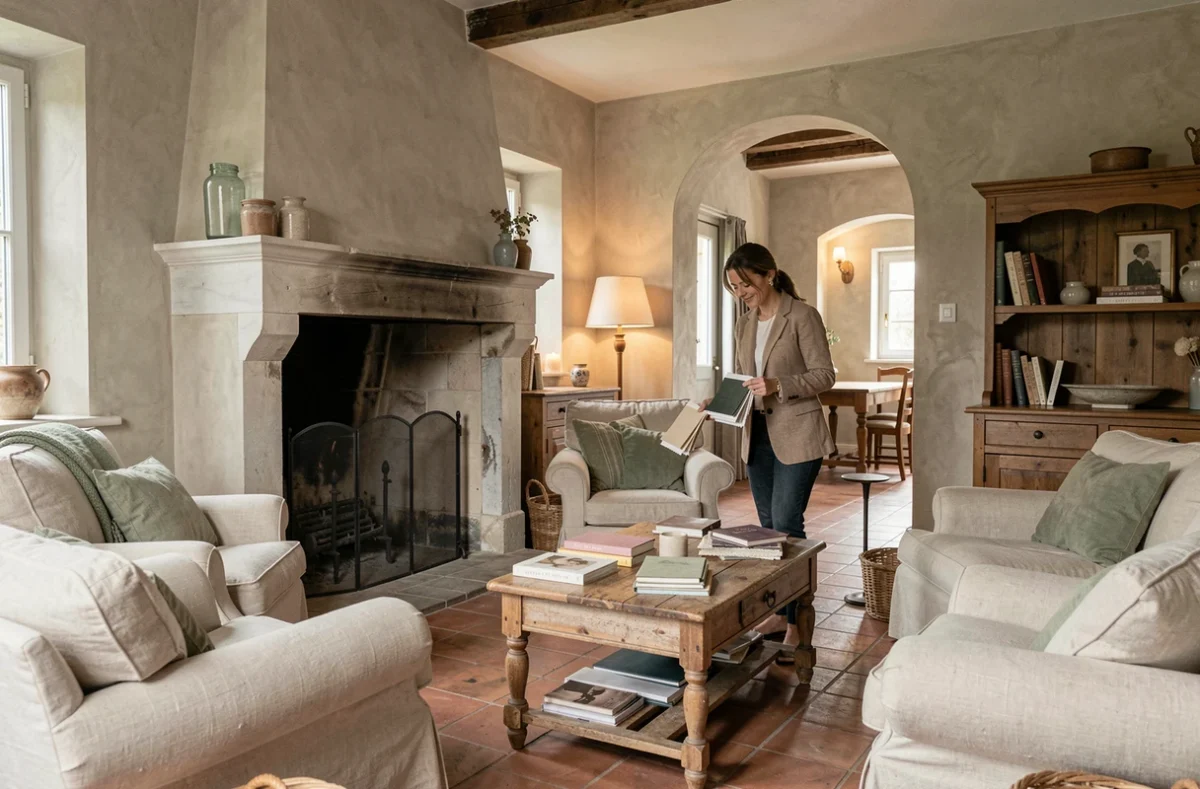 Salon de ferme rénovée dans le Perche normand avec cheminée restaurée, carrelage en terre cuite et mobilier ancien, illustrant le travail de Cécile Kokocinski
