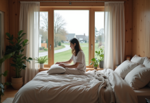 Jeune femme arrangeant des coussins dans une chambre lumineuse