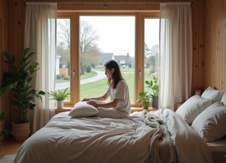 Positionner le lit : avantages et inconvénients face à la fenêtre Jeune femme arrangeant des coussins dans une chambre lumineuse