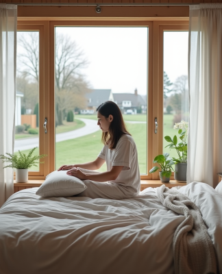 Jeune femme arrangeant des coussins dans une chambre lumineuse