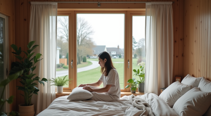 Jeune femme arrangeant des coussins dans une chambre lumineuse