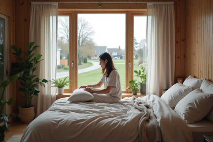 chambre-lounging-ambiance Jeune femme arrangeant des coussins dans une chambre lumineuse