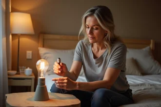 Femme changeant une ampoule vissée sur une lampe de chevet dans une chambre à coucher