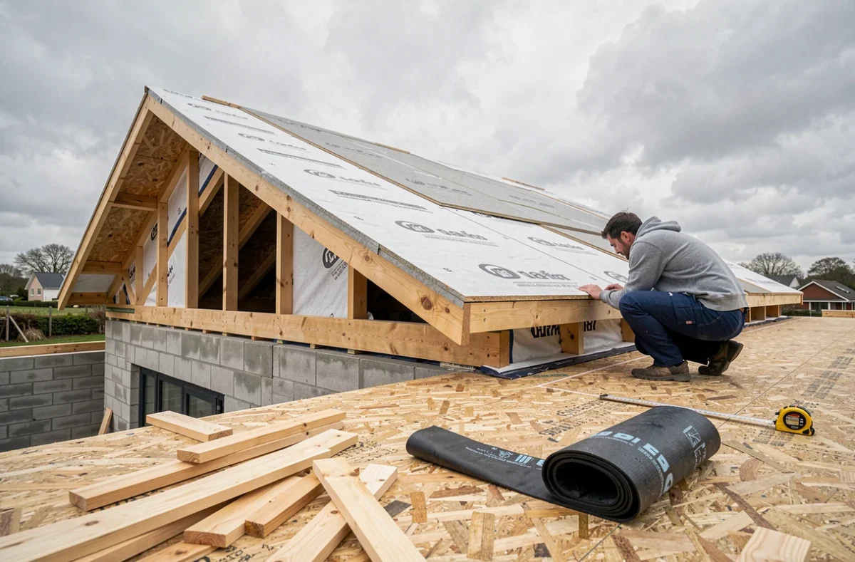 Vue large d'un chantier de maison à ossature bois avec acrotère en cours d'étanchéification sur toiture en pente