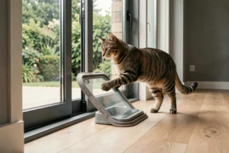 Chatière amovible installée sur une baie vitrée coulissante avec un chat roux passant à travers le volet transparent