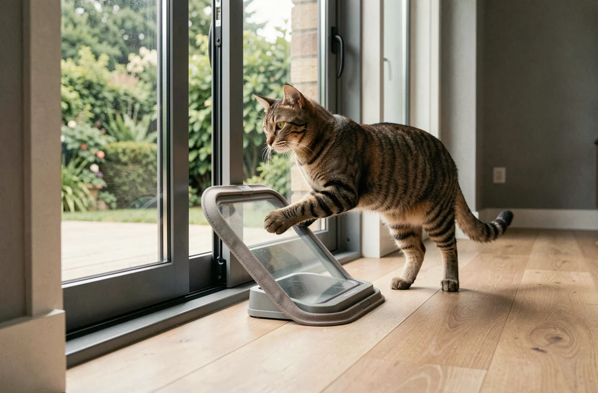 Chatière amovible installée sur une baie vitrée coulissante avec un chat roux passant à travers le volet transparent