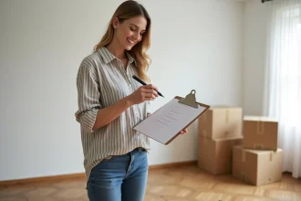 Femme consultant une checklist de déménagement dans un appartement vide avec des cartons