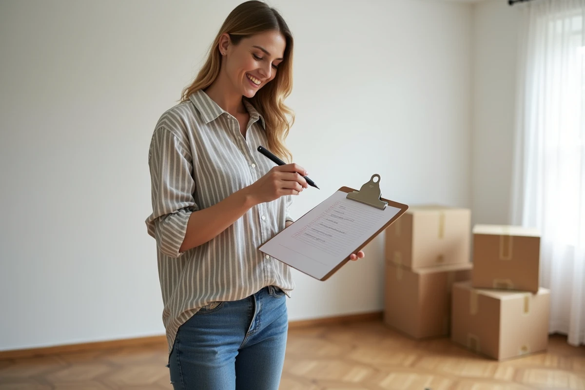 Femme consultant une checklist de déménagement dans un appartement vide avec des cartons