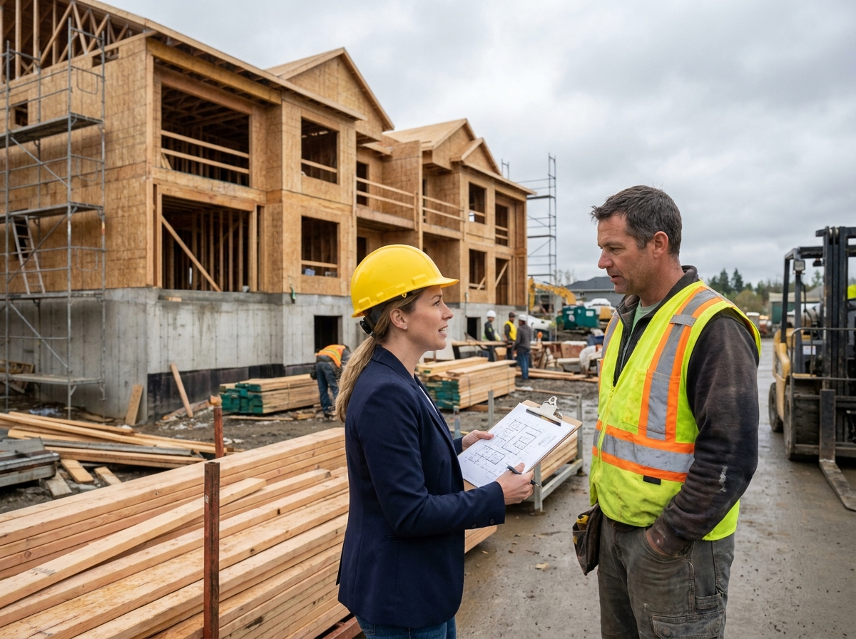 Chef de projet féminine en casque de chantier discutant des plans avec un entrepreneur sur un chantier de construction résidentielle moderne