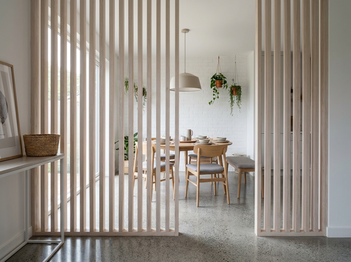 Claustra en bois naturel servant de séparation élégante entre entrée et salle à manger dans un intérieur scandinave