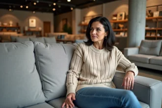 Femme évaluant un canapé tissu dans un showroom Poltrone et Sofa Plan de Campagne