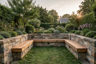 Coin salon creusé dans un jardin, entouré de murets et de banquettes