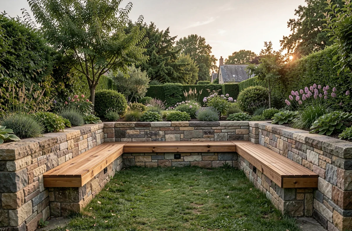 Coin salon creusé dans un jardin, entouré de murets et de banquettes