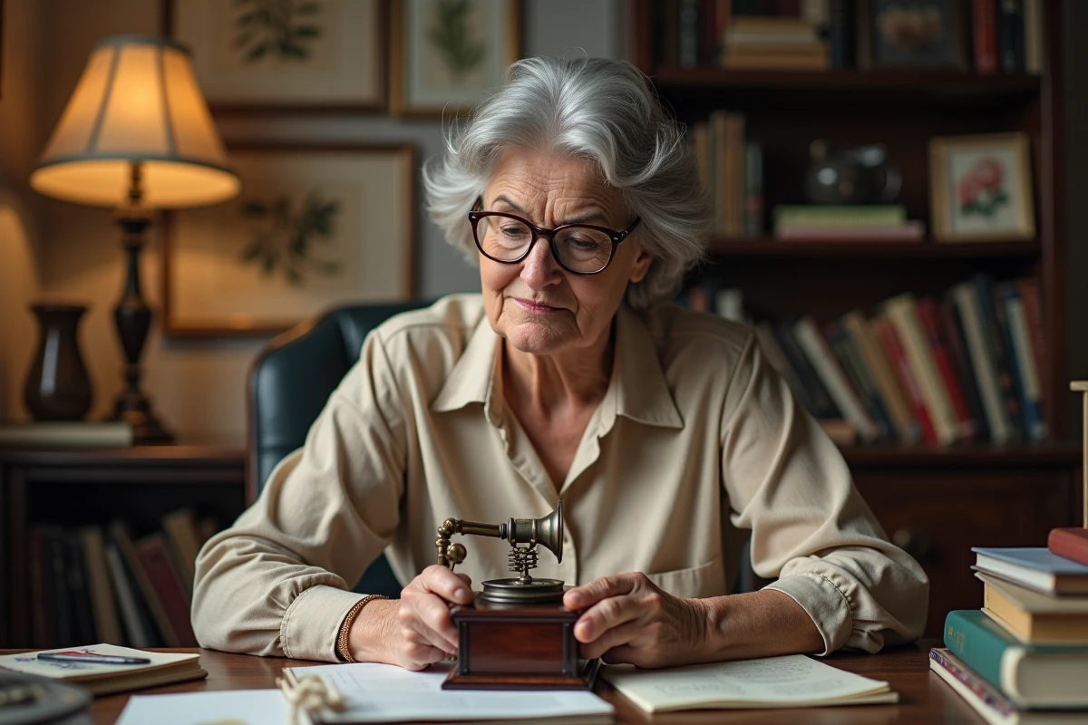 Femme collectionneuse d'une cinquantaine d'années inspectant de près le mécanisme d'un gramophone portable ancien dans un bureau d'étude entouré de livres et catalogues de référence
