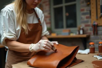 Femme appliquant une teinture sur un sac en cuir avec des gants de protection dans un atelier domestique ventilé