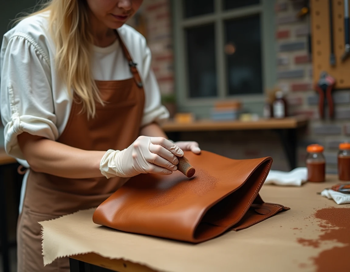 Femme appliquant une teinture sur un sac en cuir avec des gants de protection dans un atelier domestique ventilé