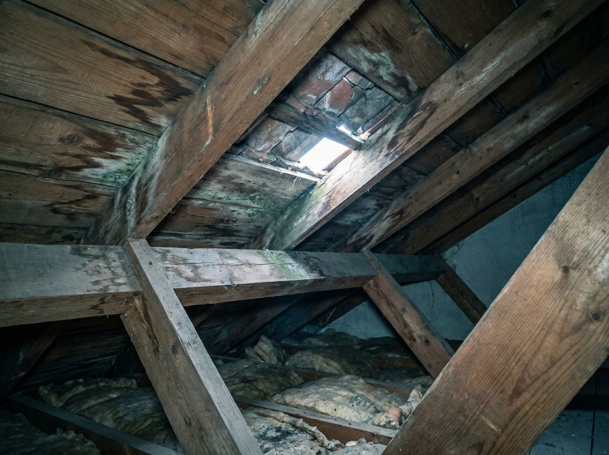 Intérieur de combles avec traces d'humidité sur les poutres en bois et infiltration d'eau visible sous la toiture