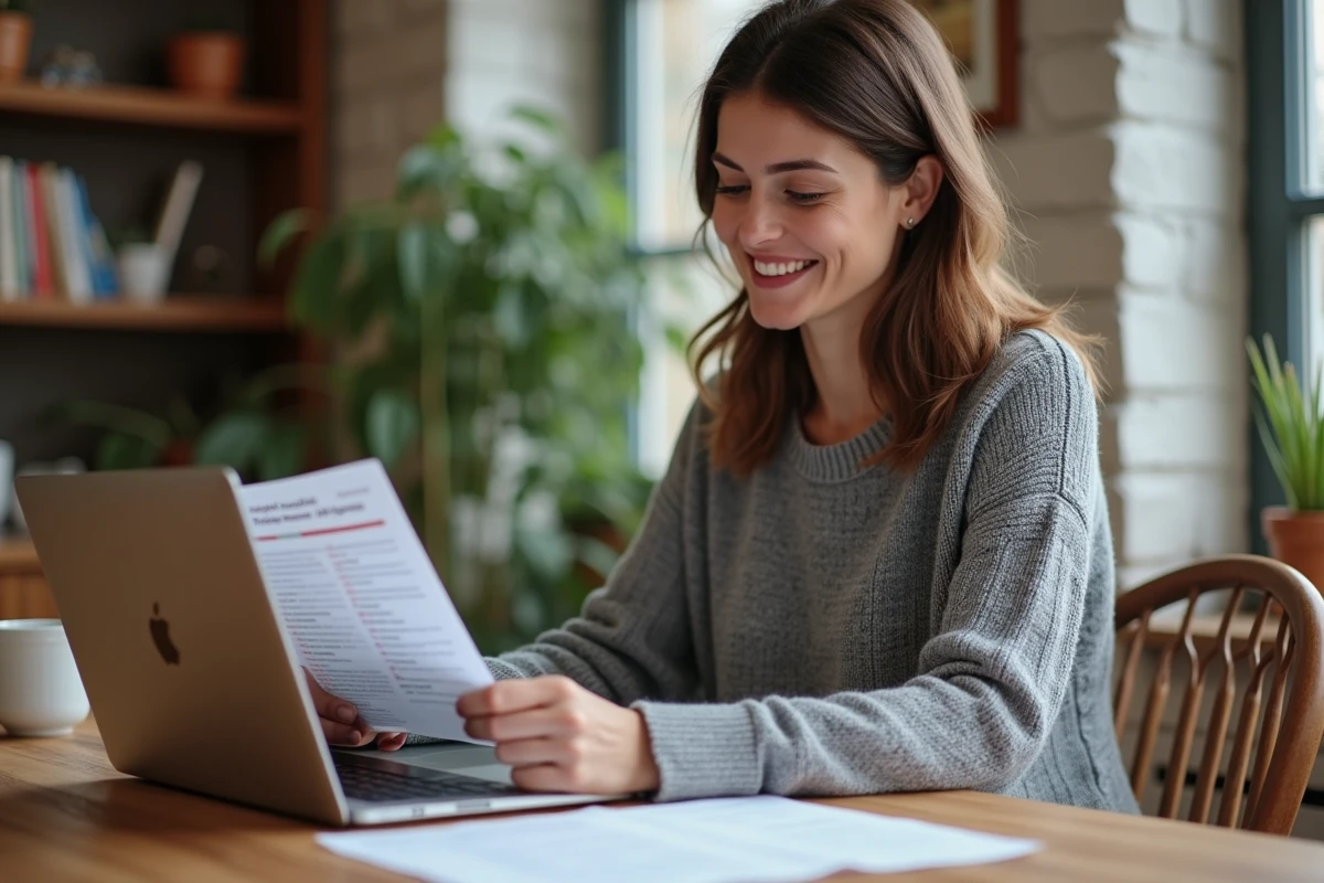 Femme comparant des avis d'artisans recommandés sur un site de mise en relation pour travaux