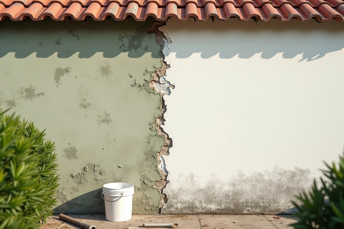 Comparaison entre enduit de façade dégradé et section fraîchement rénovée sur une maison française
