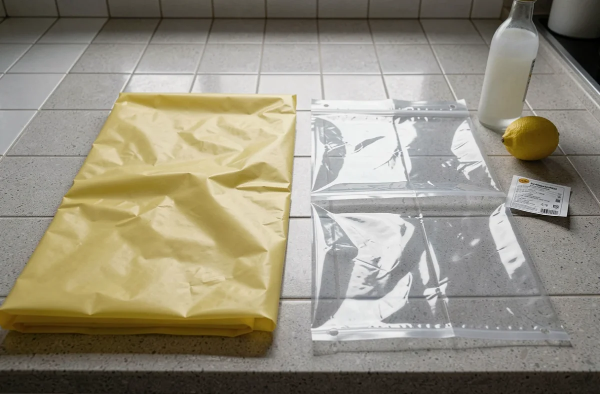 Comparaison entre une nappe cristal jaunie et une nappe PVC transparente bien entretenue posées côte à côte sur un plan de travail