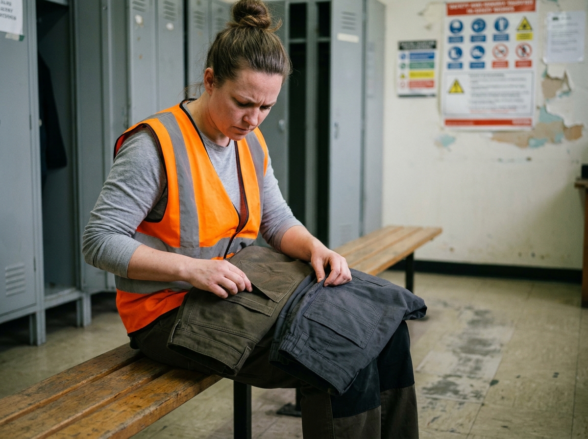Femme magasinière comparant deux pantalons de travail différents dans une salle de vestiaires d'entrepôt