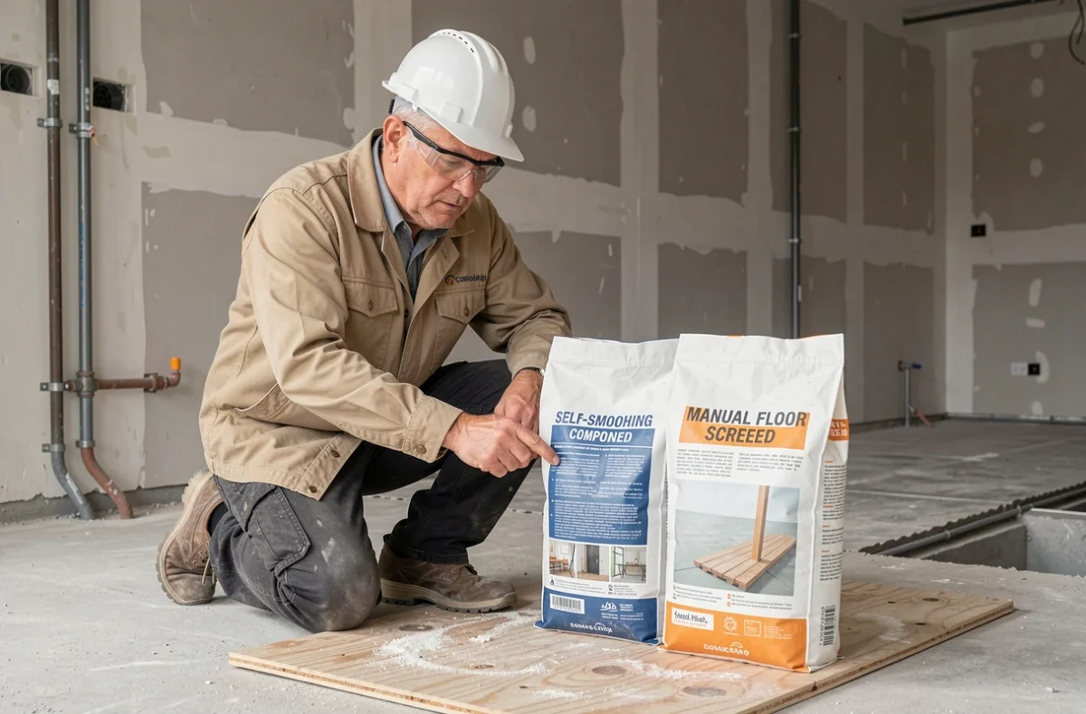 Technicien comparant deux sacs de ragréage autolissant et autonivelant sur un chantier de rénovation d'appartement