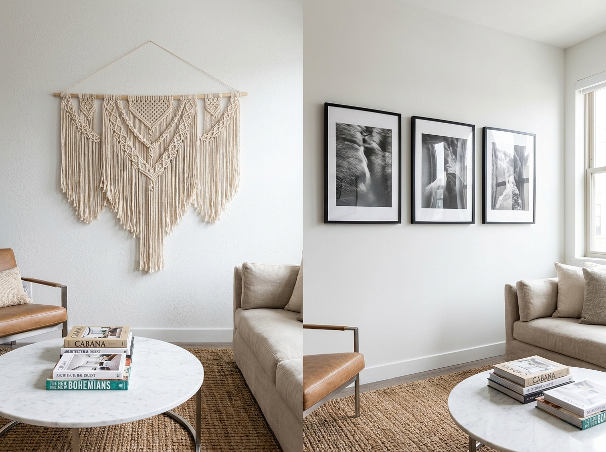 Comparaison entre une tenture murale en macramé et un triptyque de tableaux photographiques dans un salon contemporain lumineux