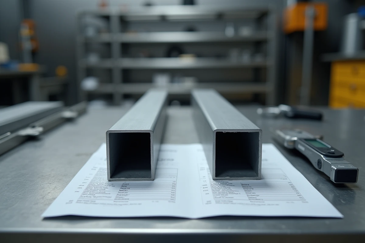 Comparaison flat-lay d'un tube rectangulaire en aluminium et en acier côte à côte sur établi, avec pied à coulisse numérique et fiche technique