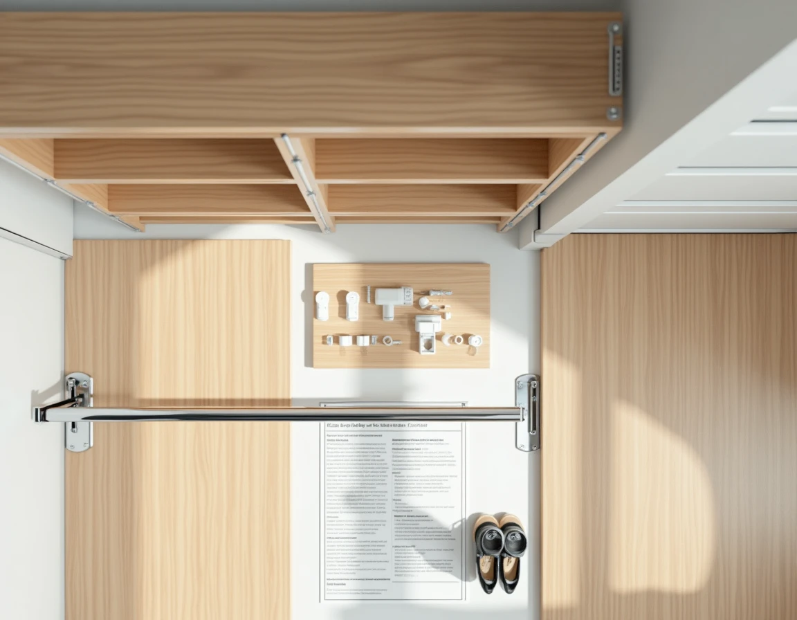 Vue à plat des composants d'un kit de dressing modulable disposés sur un parquet en chêne avant l'assemblage