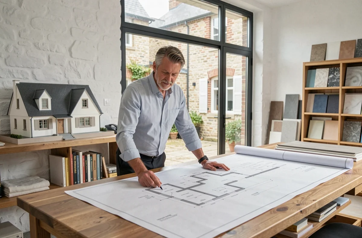 Architecte d'intérieur de Concept Intérieur examinant des plans techniques dans un studio vitré en Normandie avec maquettes de maison contemporaine en arrière-plan