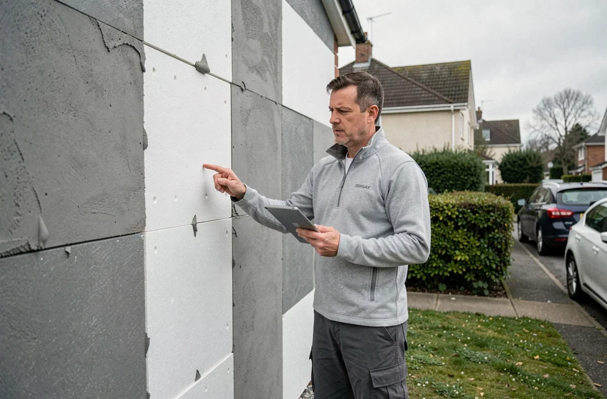 Conseiller en rénovation évaluant le coût de l'isolation thermique par l'extérieur en polystyrène sur une maison en travaux