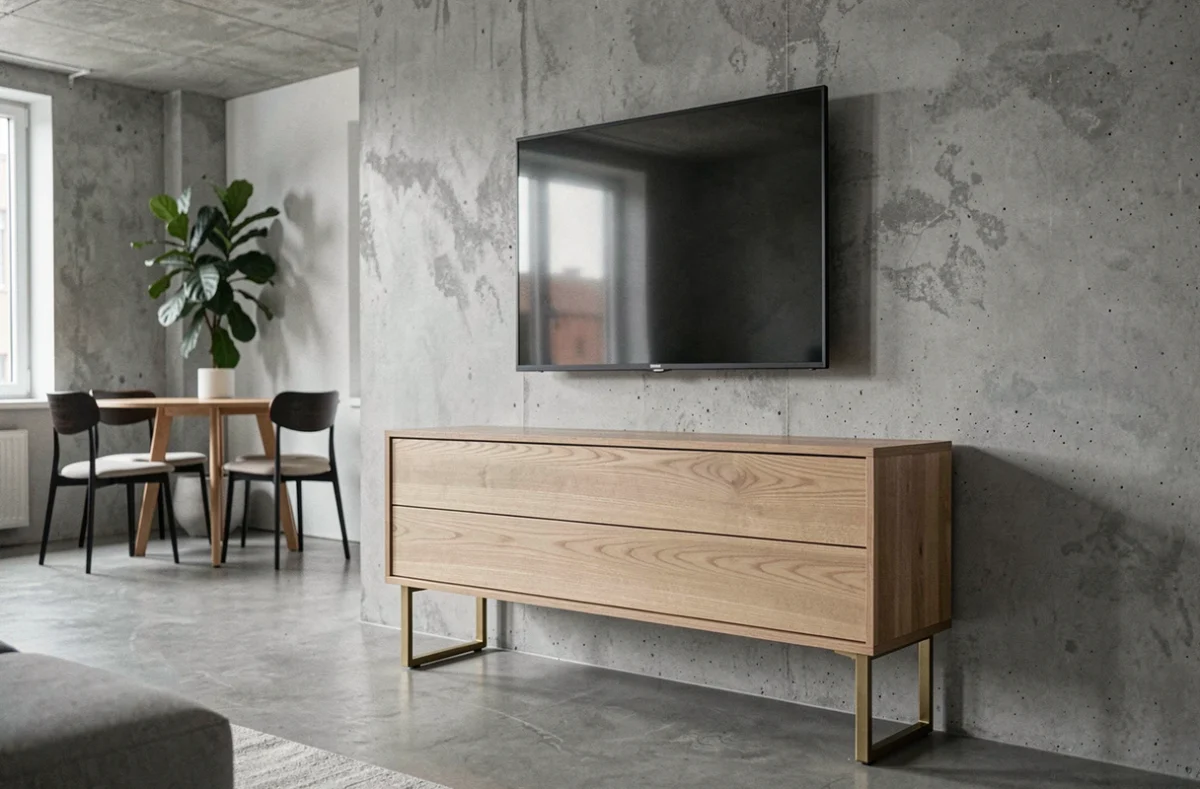 Console télé flottante en noyer avec pieds en laiton dans un studio loft minimaliste