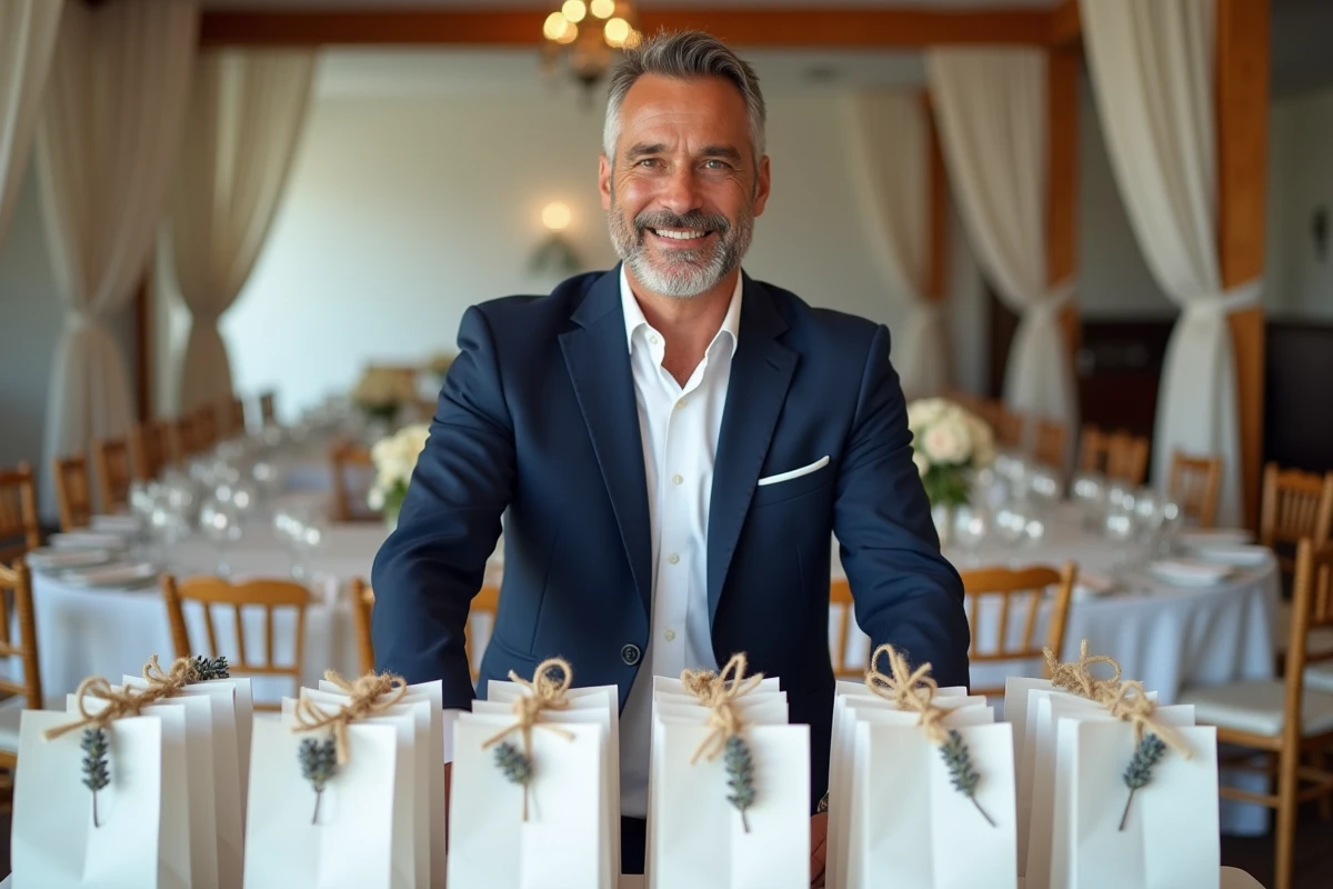 Coordinateur d'événement disposant des pochettes cadeaux en papier sur une table de mariage
