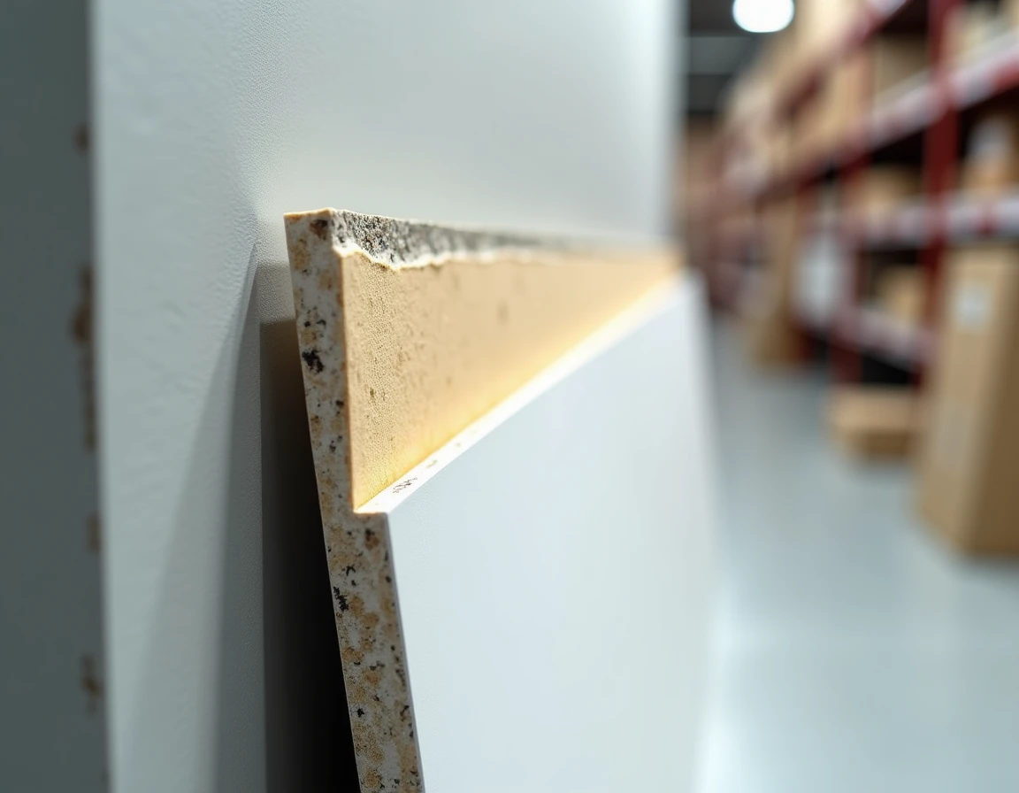 Coupe transversale d'un placo isolant phonique montrant le cœur en plâtre et la laine minérale pour isolation acoustique