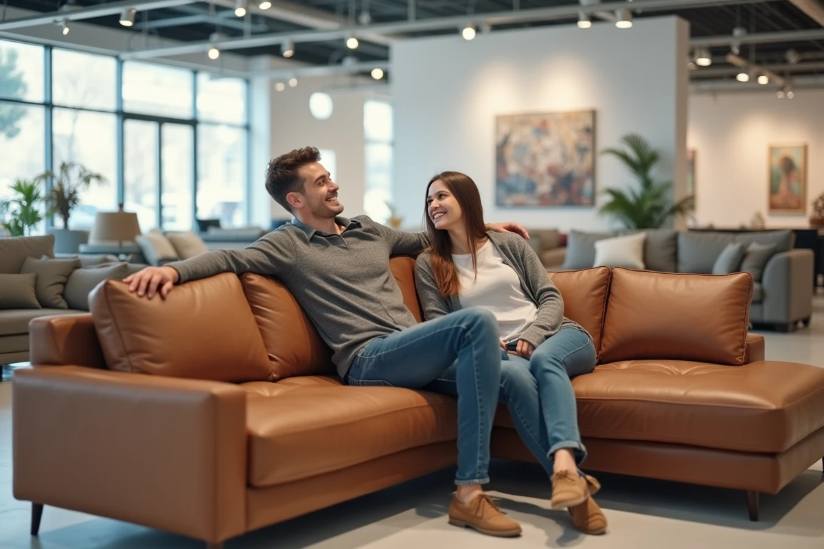 Couple testant un canapé d'angle en cuir dans le magasin Poltrone et Sofa de Plan de Campagne