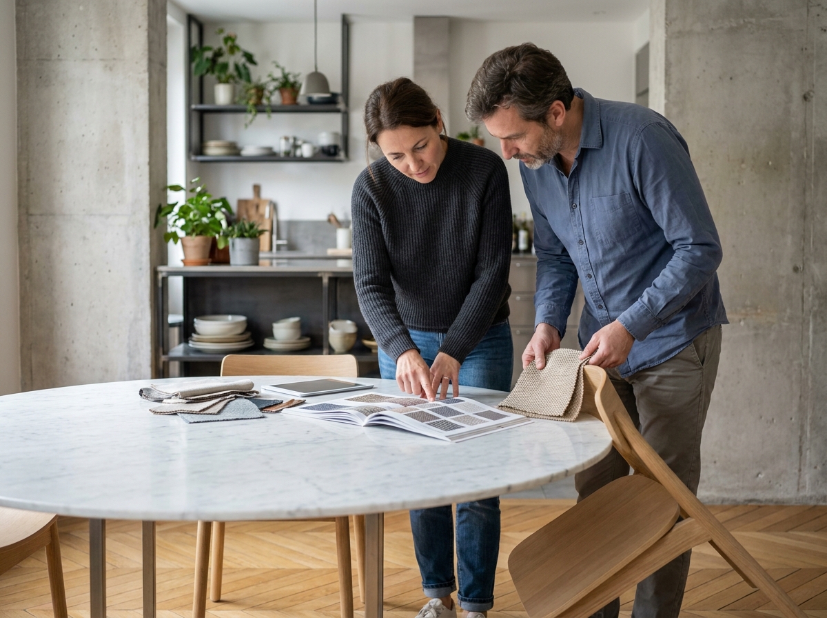 Couple choisissant une table ronde dans un appartement parisien moderne avec parquet en chevrons