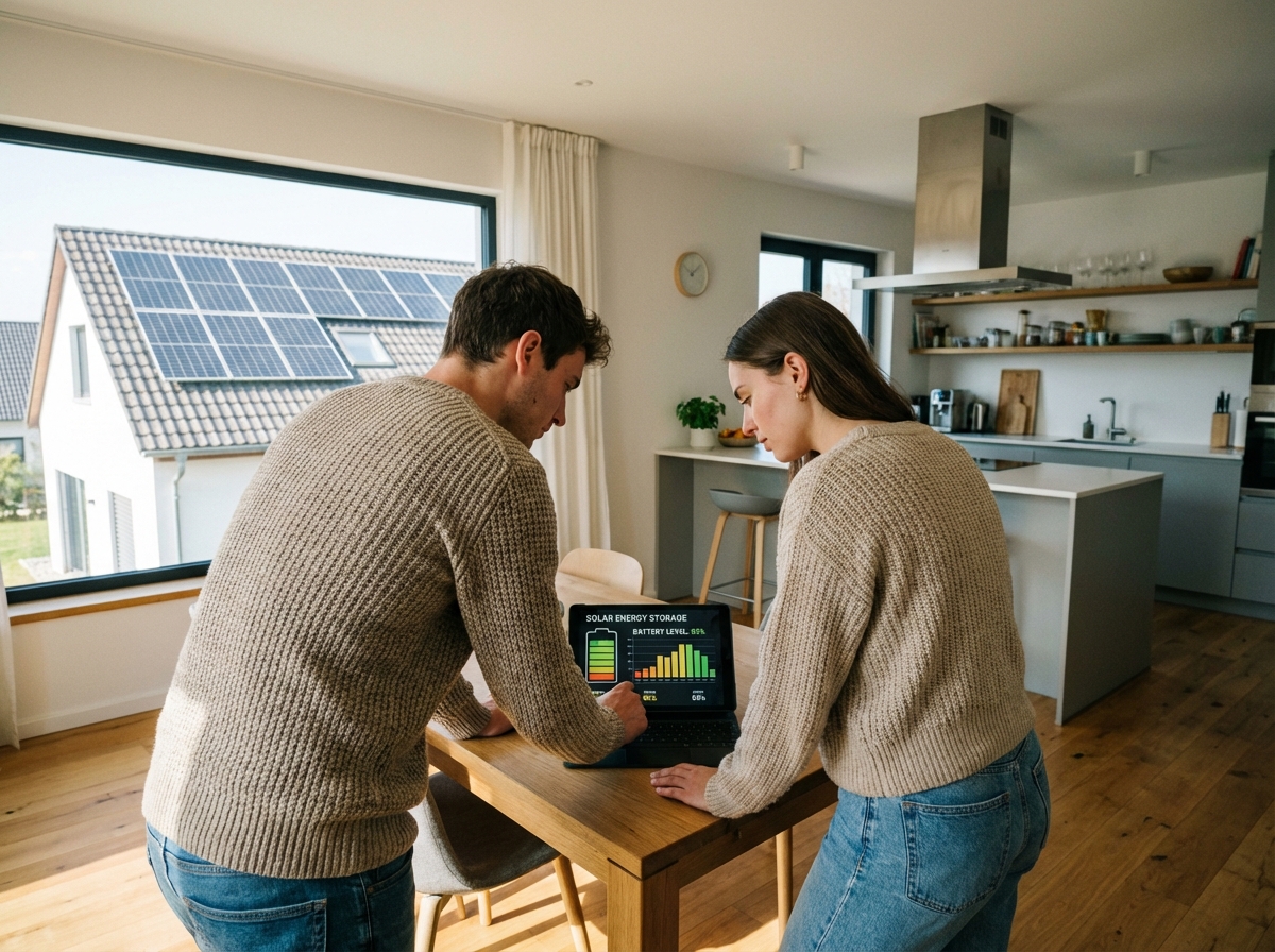 Jeune couple regardant un écran de stockage solaire