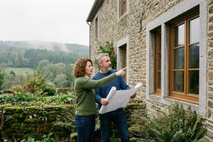 Couple en extérieur devant maison en pierre dans les Ardennes