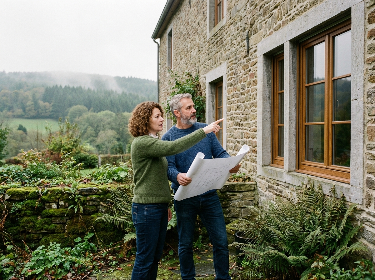 Couple en extérieur devant maison en pierre dans les Ardennes
