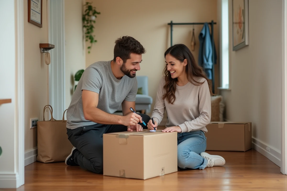 Couple en train d'emballer et étiqueter des cartons lors d'un déménagement organisé