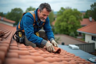 Couvreur homme posant des tuiles en terre cuite sur un toit