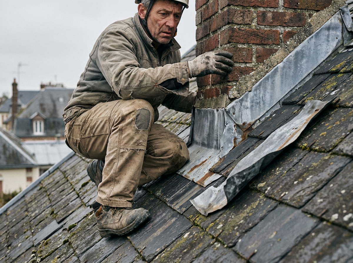 Artisan couvreur inspectant une solins de cheminée détérioré sur une toiture ancienne avec tuiles abîmées