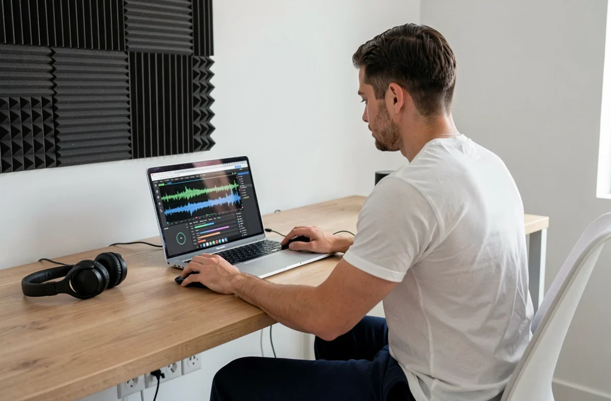 Homme créant une sonnerie de réveil personnalisée sur son ordinateur portable avec un logiciel d'édition audio