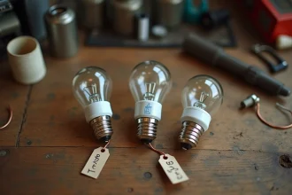 Comparatif des culots de petites ampoules E14 et B22 posés sur un établi d'électricien en bois