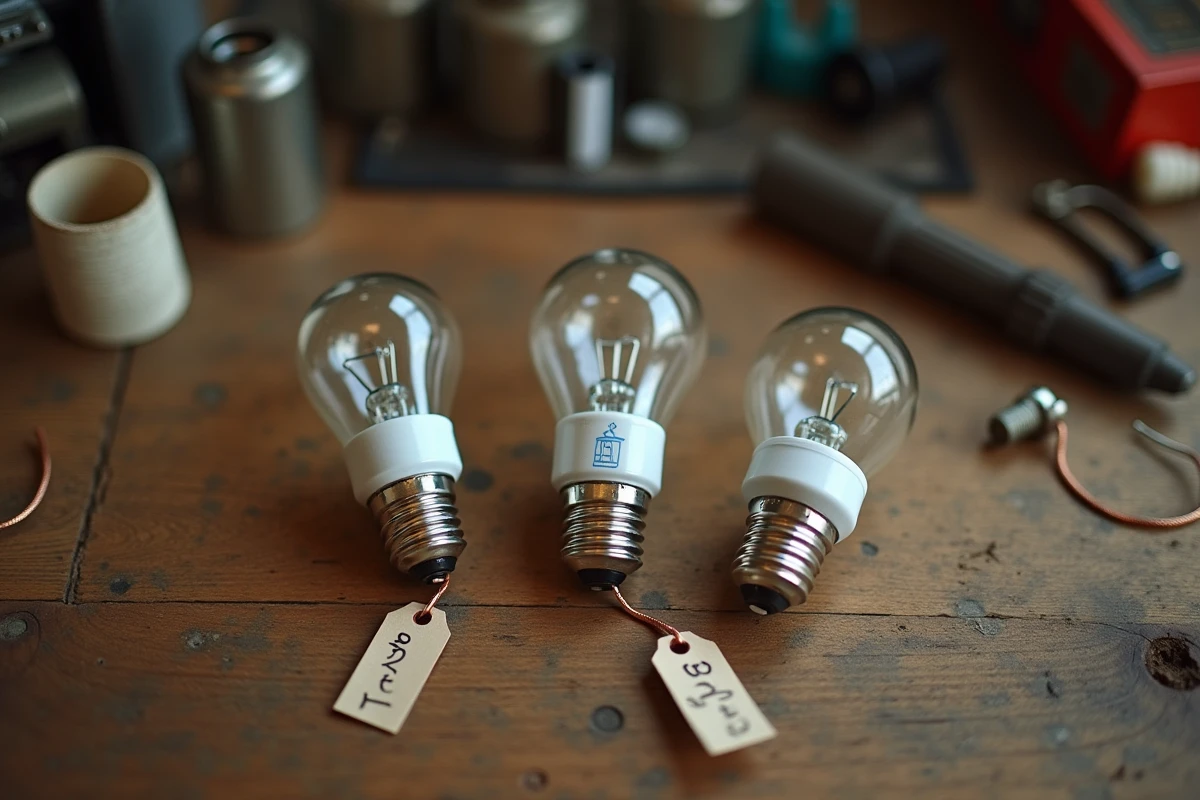 Comparatif des culots de petites ampoules E14 et B22 posés sur un établi d'électricien en bois