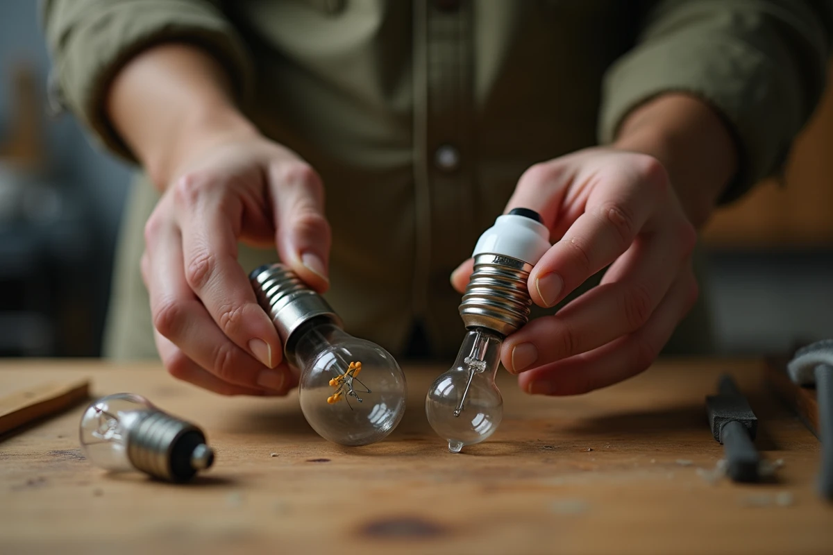 Gros plan sur les mains tenant un culot E27 et une ampoule LED pour en effectuer le remplacement soi-même