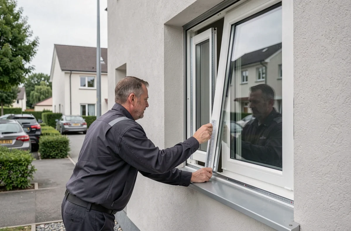 Spécialiste de Décor Sécurité Plus posant une fenêtre renforcée anti-intrusion sur un immeuble résidentiel